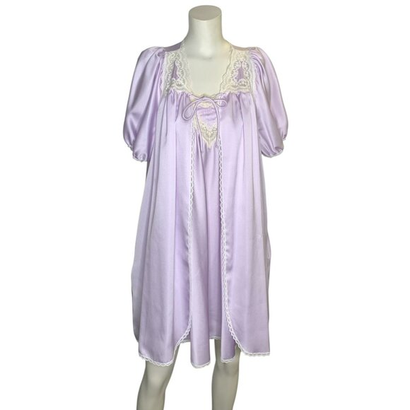Vtg Brandywine Lavender Nightgown Peignoir Large Lace Puff Sleeves Polyester USA - Picture 11 of 11